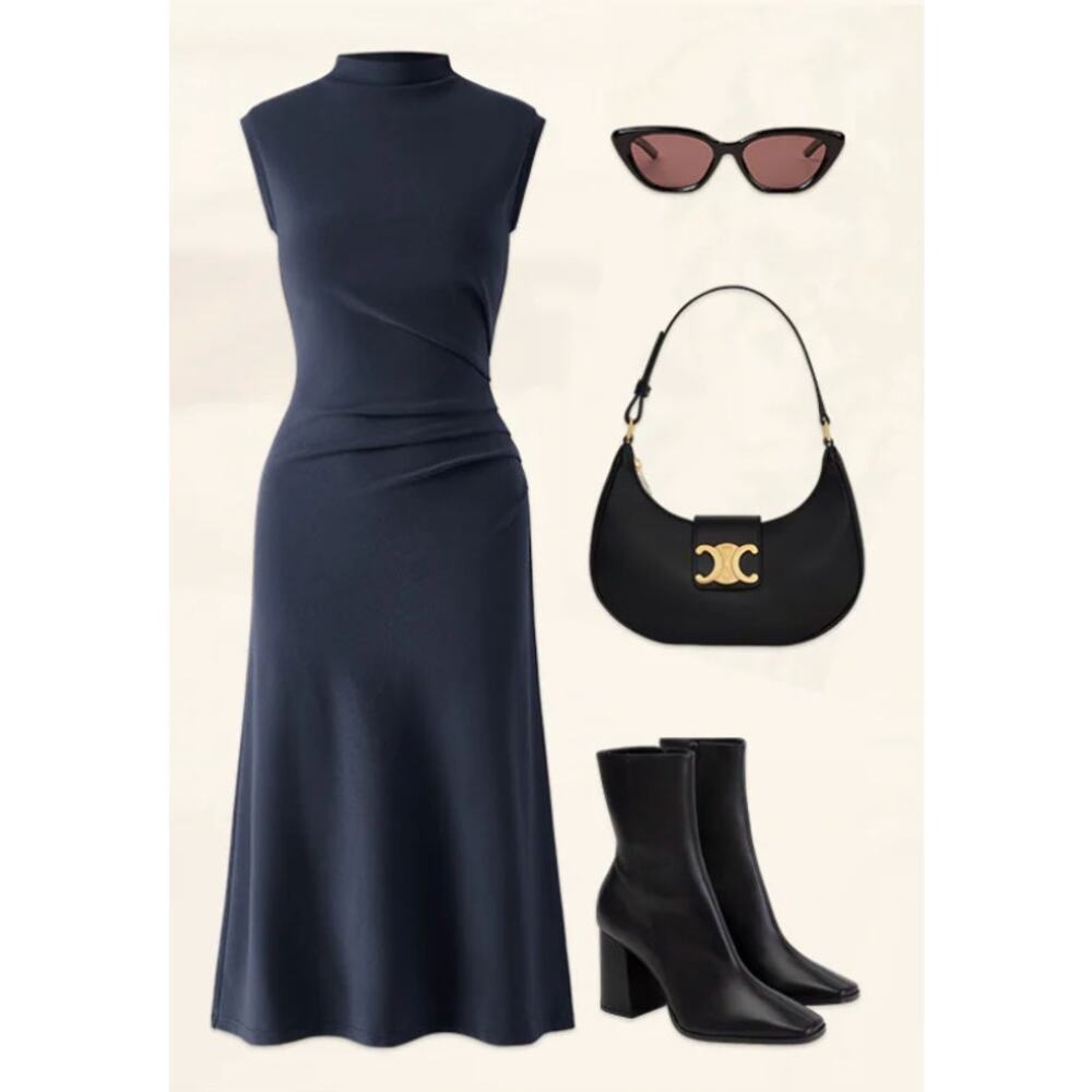 OGL Mockneck Tucks Midi Dress NWT SIZE M - Picture 3 of 3